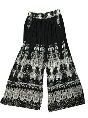 Boho Wide Leg Palazzo Pants Small Black White Paisley Elastic Waist Pockets